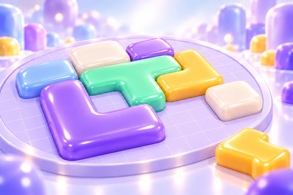 Concept artwork of colourful jelly blocks on a softly lit puzzle board