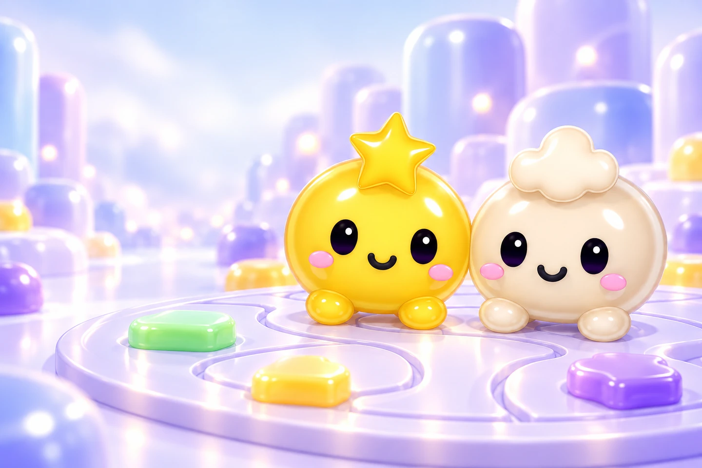 Happy Yellow and Ivory Gelatin characters on the studio playfield